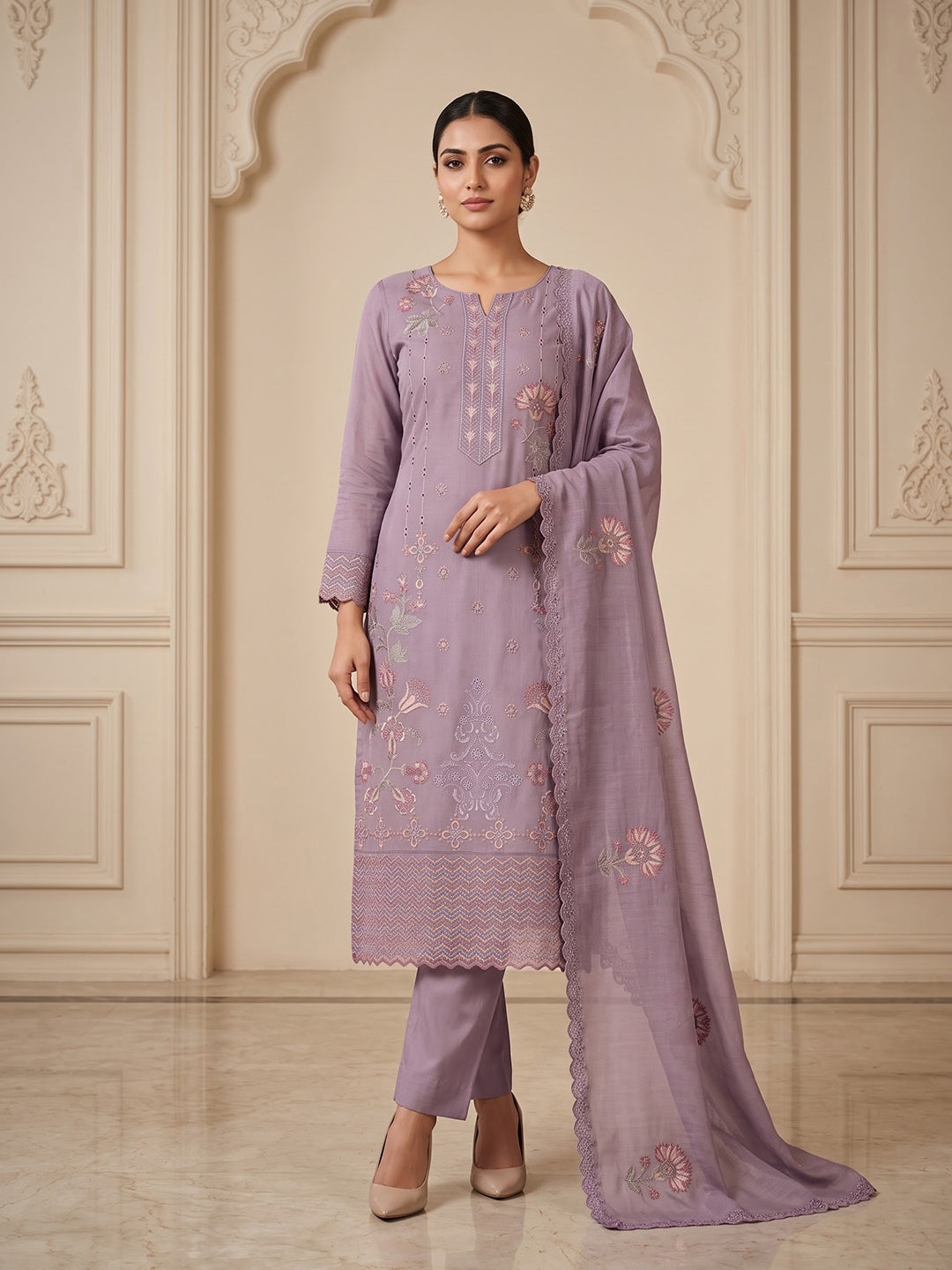Purple Chanderi Printed Unstitched Dress Material