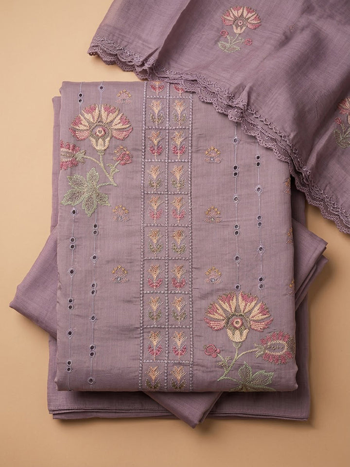 Purple Chanderi Printed Unstitched Dress Material