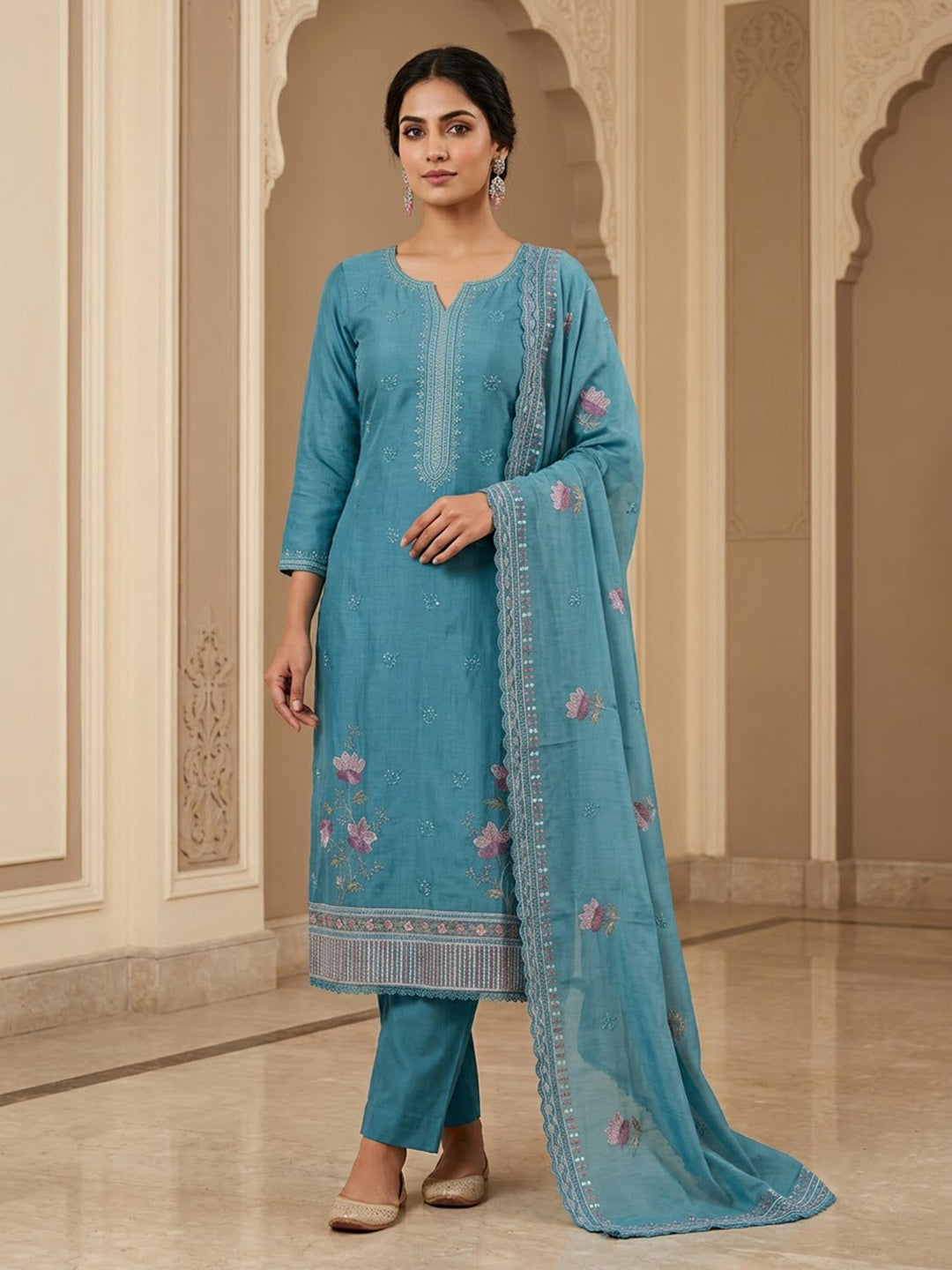 Blue Cotton Blend Printed Unstitched Dress Material