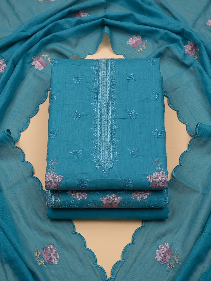 Blue Cotton Blend Printed Unstitched Dress Material
