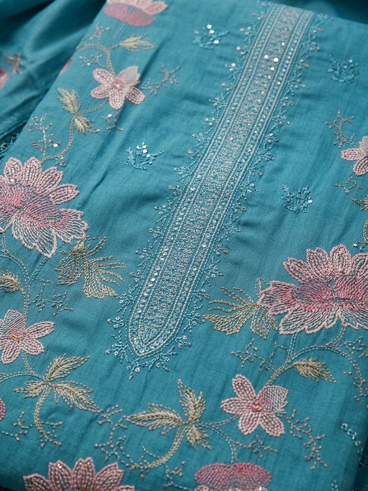 Blue Cotton Blend Printed Unstitched Dress Material
