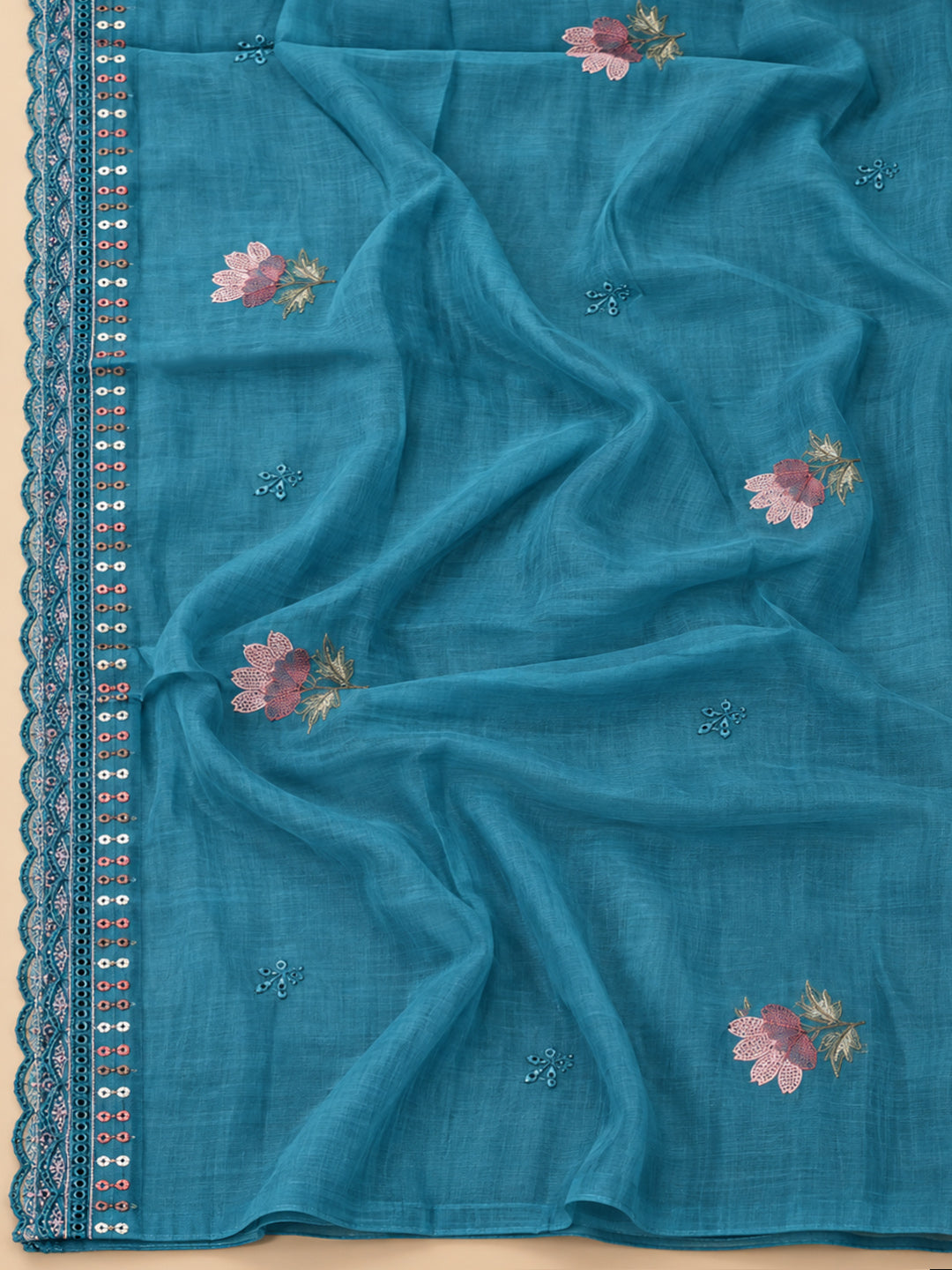 Blue Cotton Blend Printed Unstitched Dress Material