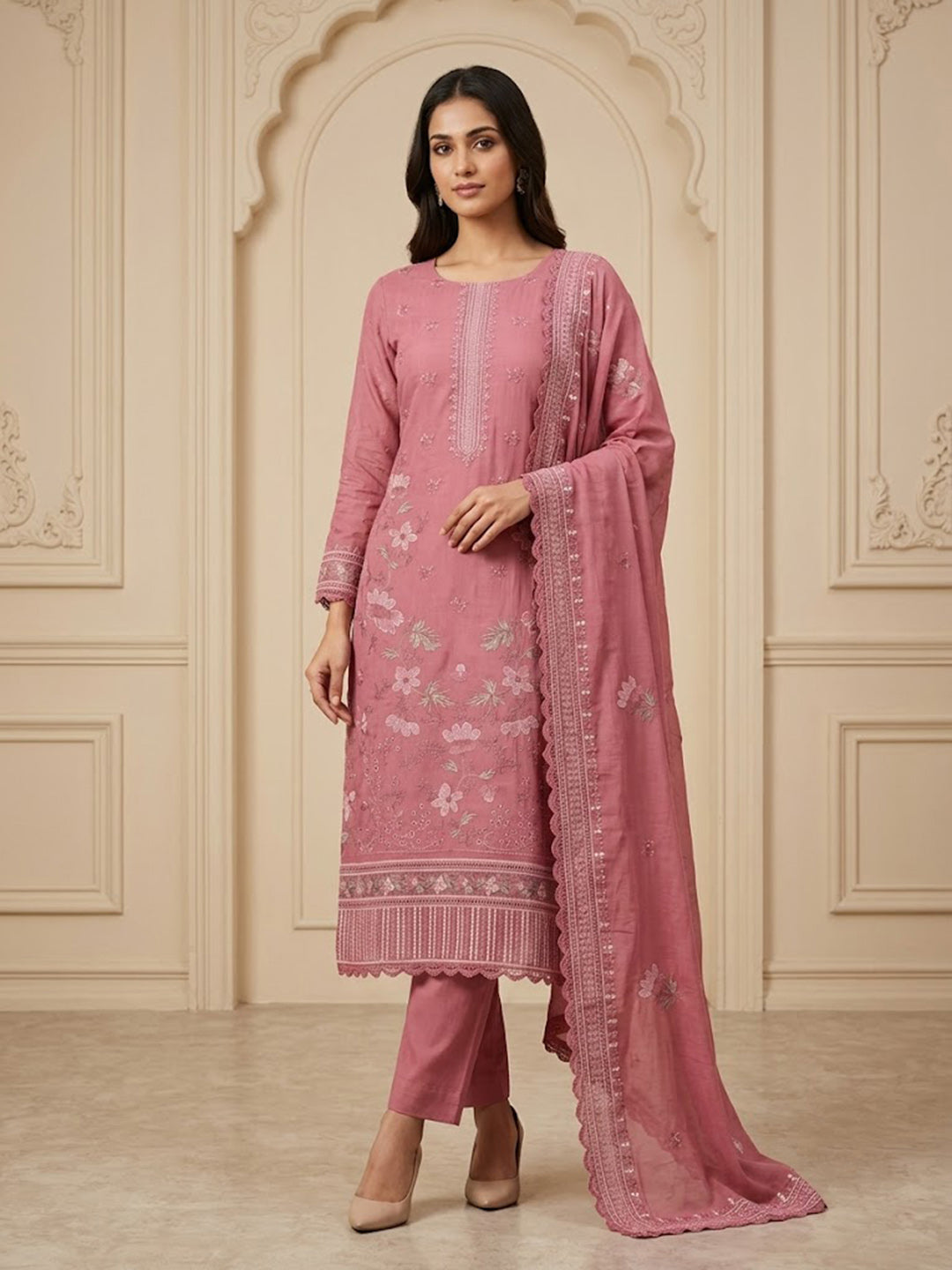 Onion-Pink Cotton Blend Printed Unstitched Dress Material