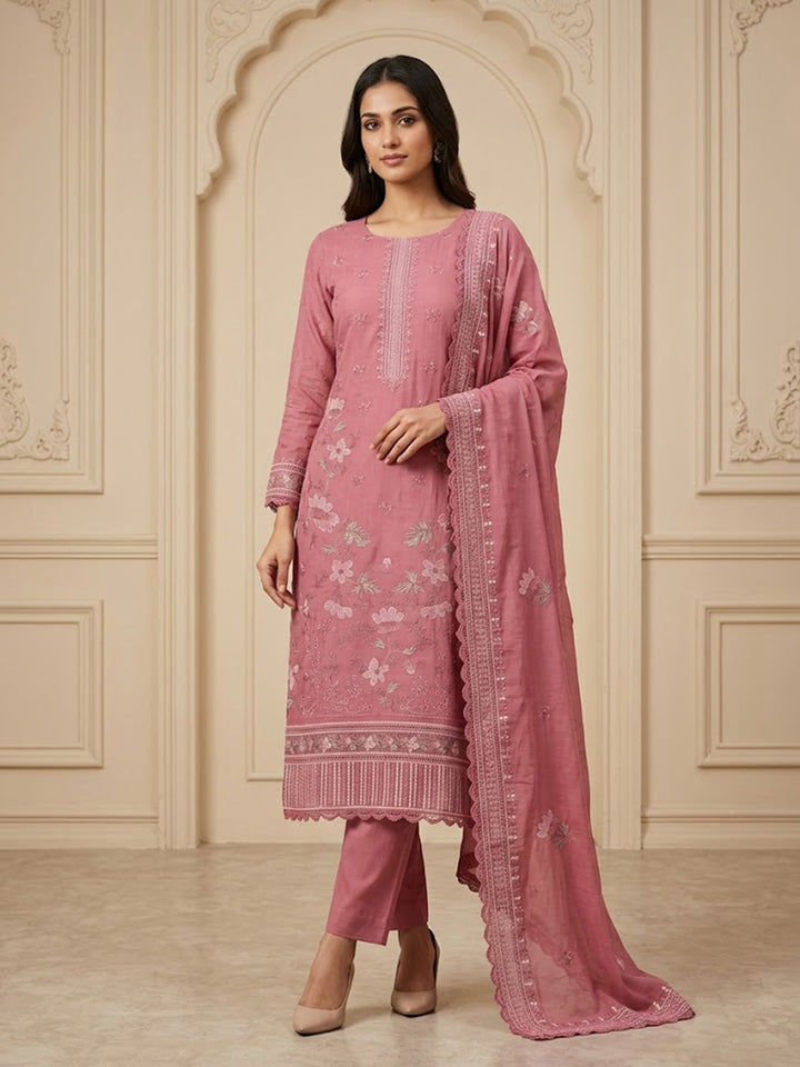 Onion-Pink Cotton Blend Printed Unstitched Dress Material
