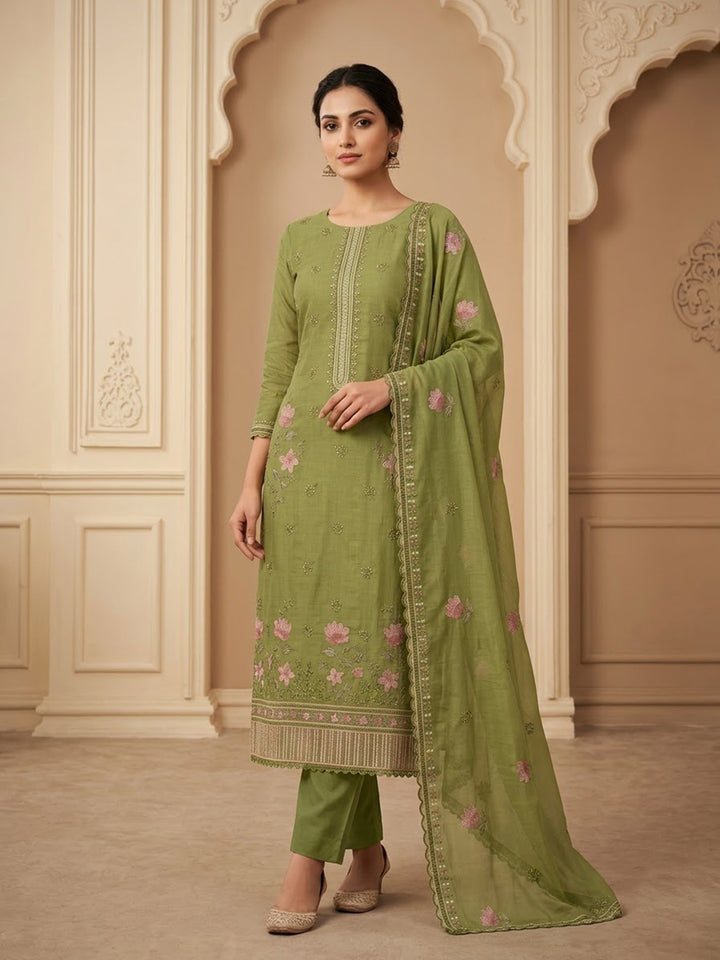 Pista-Green Cotton Blend Printed Unstitched Dress Material