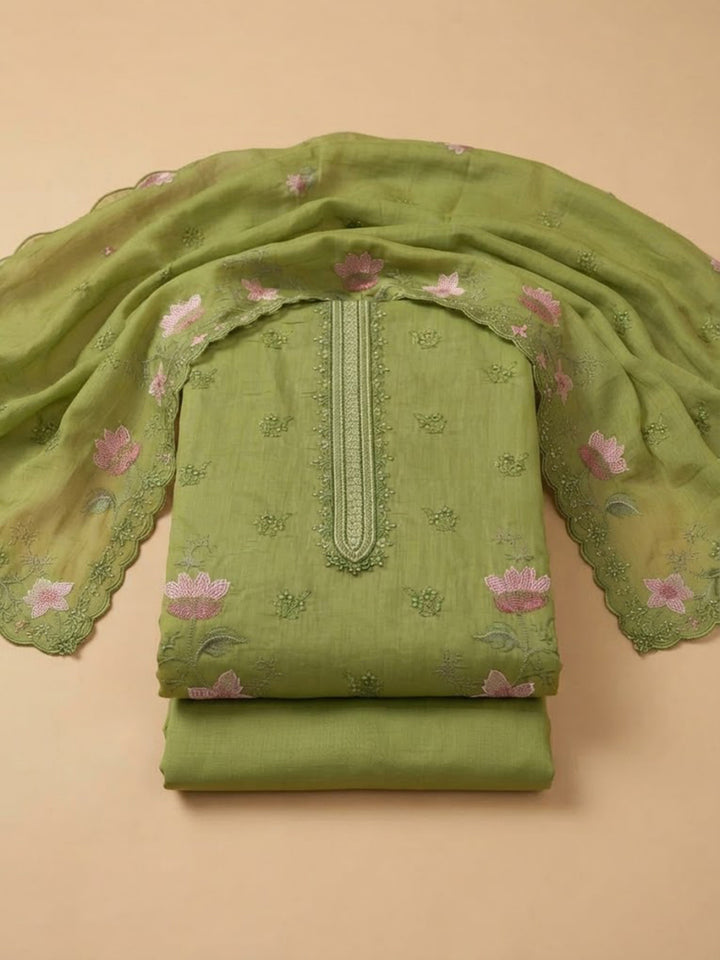 Pista-Green Cotton Blend Printed Unstitched Dress Material