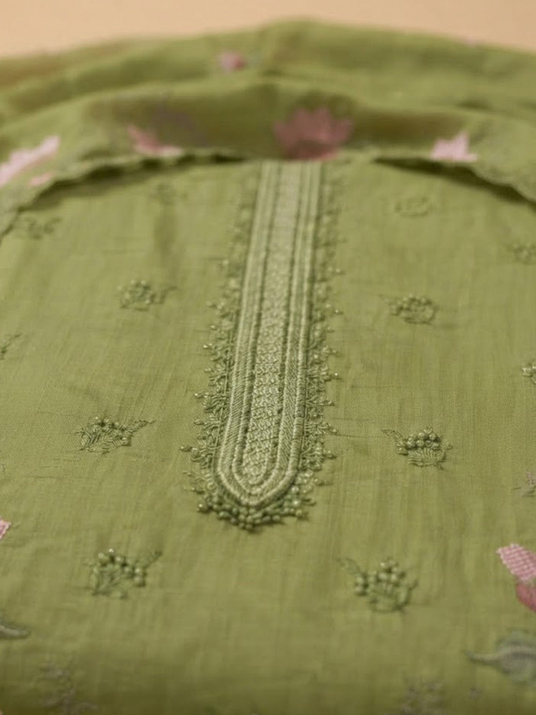 Pista-Green Cotton Blend Printed Unstitched Dress Material