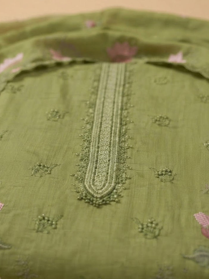 Pista-Green Cotton Blend Printed Unstitched Dress Material