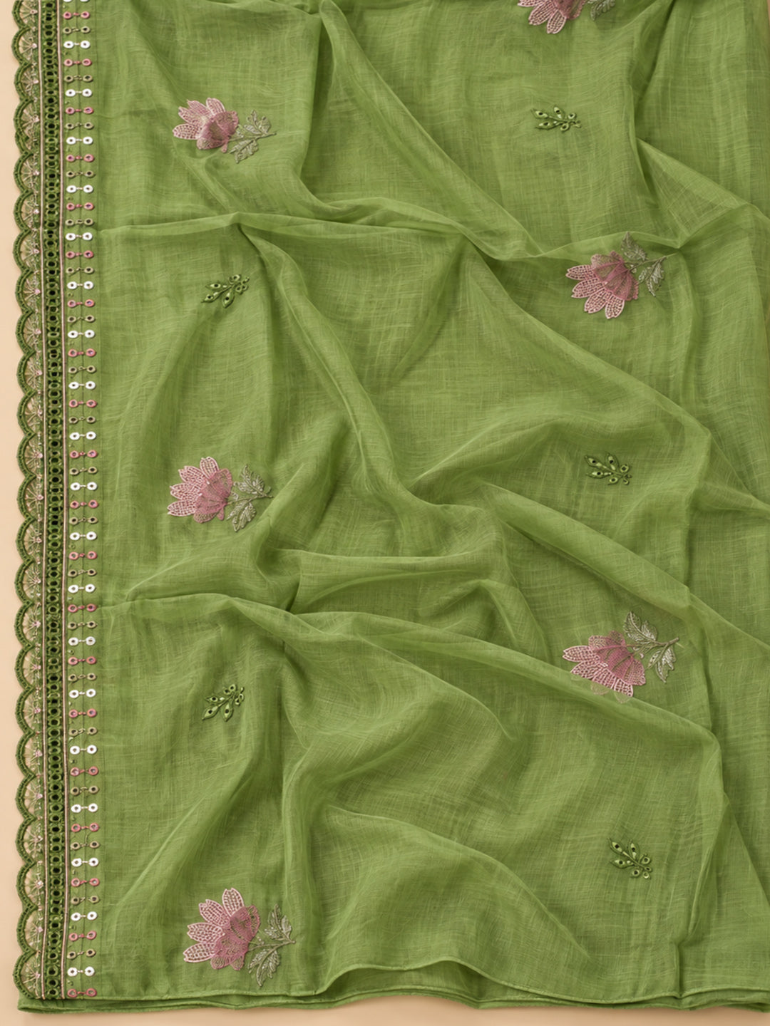 Pista-Green Cotton Blend Printed Unstitched Dress Material