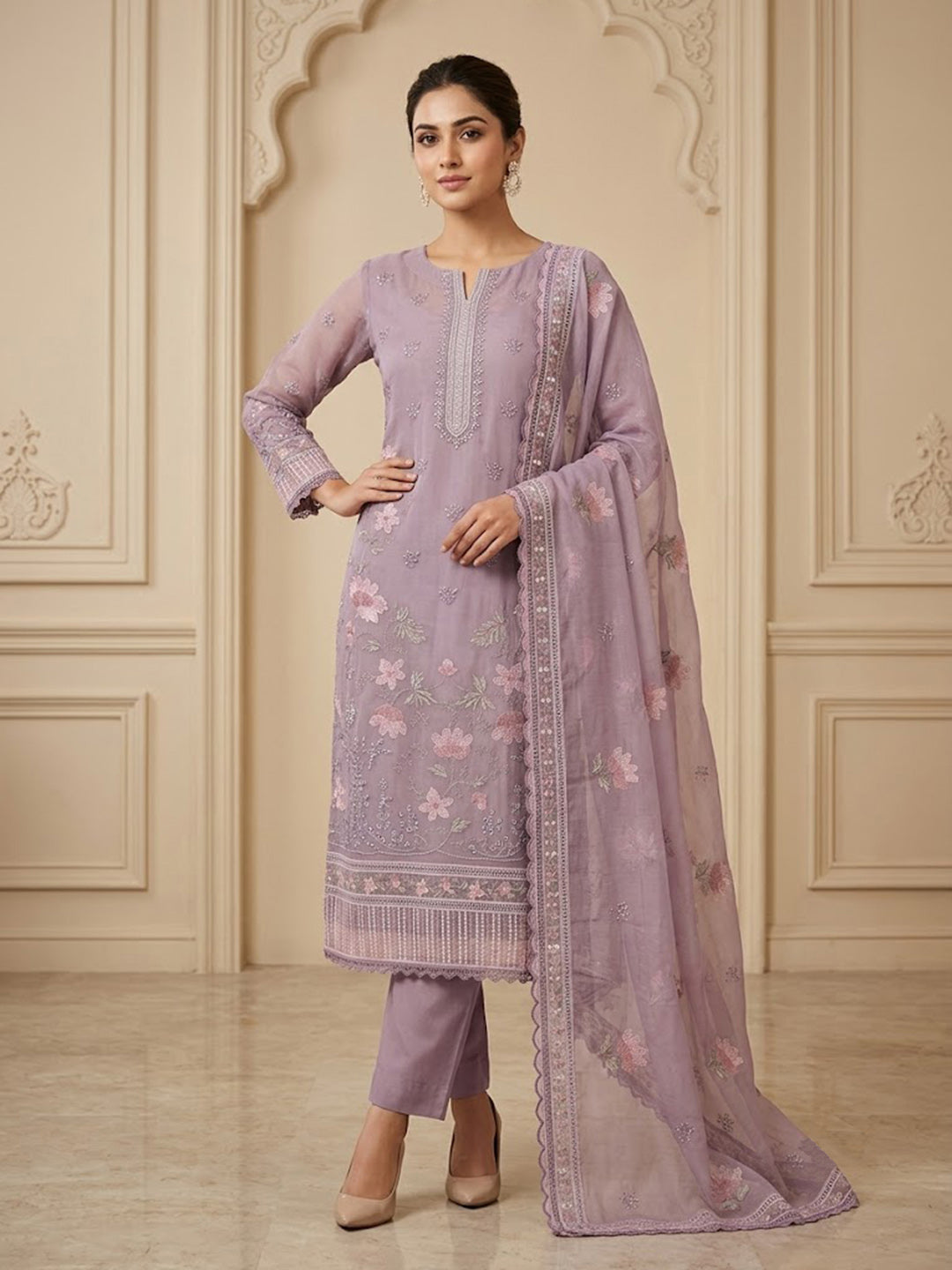 Purple Cotton Blend Printed Unstitched Dress Material