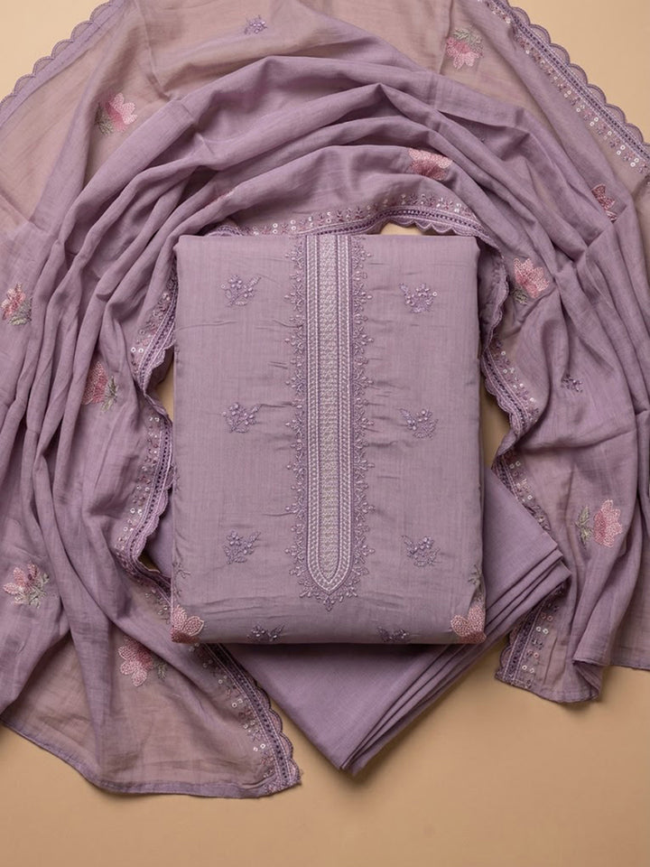 Purple Cotton Blend Printed Unstitched Dress Material