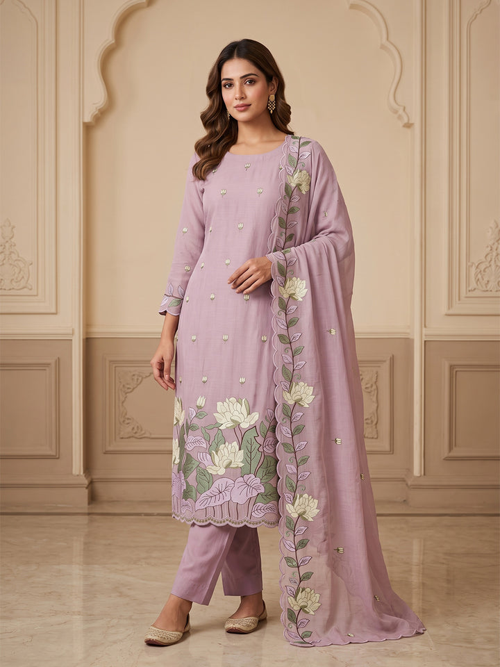 Lavender Chanderi Embroidered Unstitched Dress Material