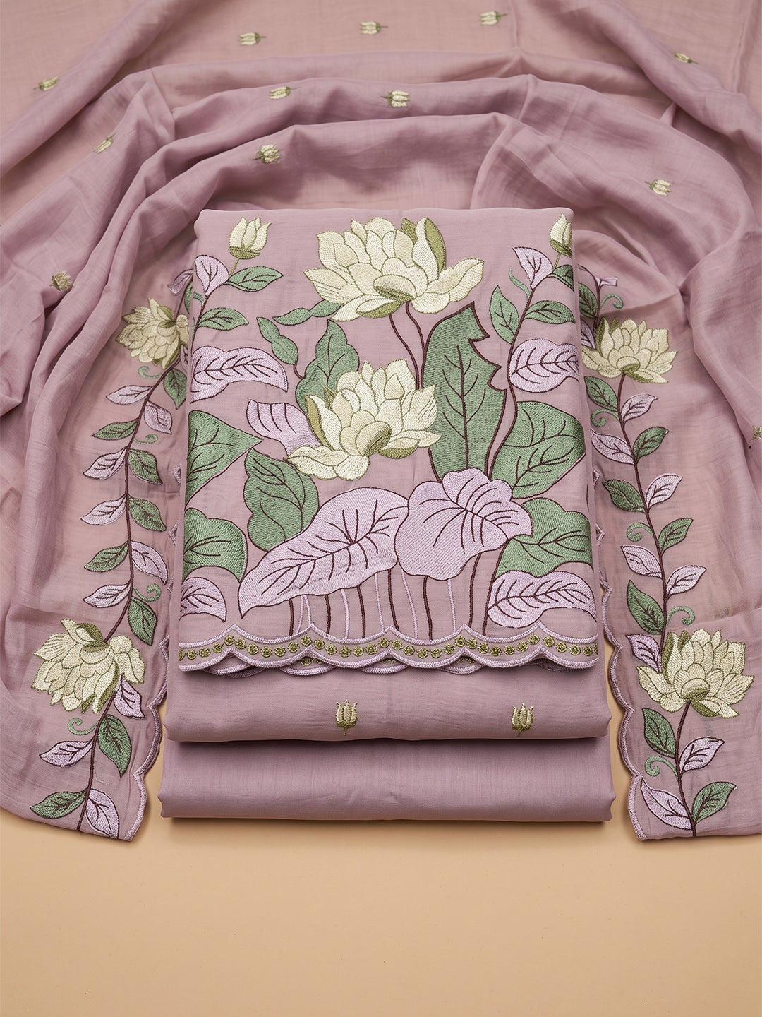 Lavender Chanderi Embroidered Unstitched Dress Material