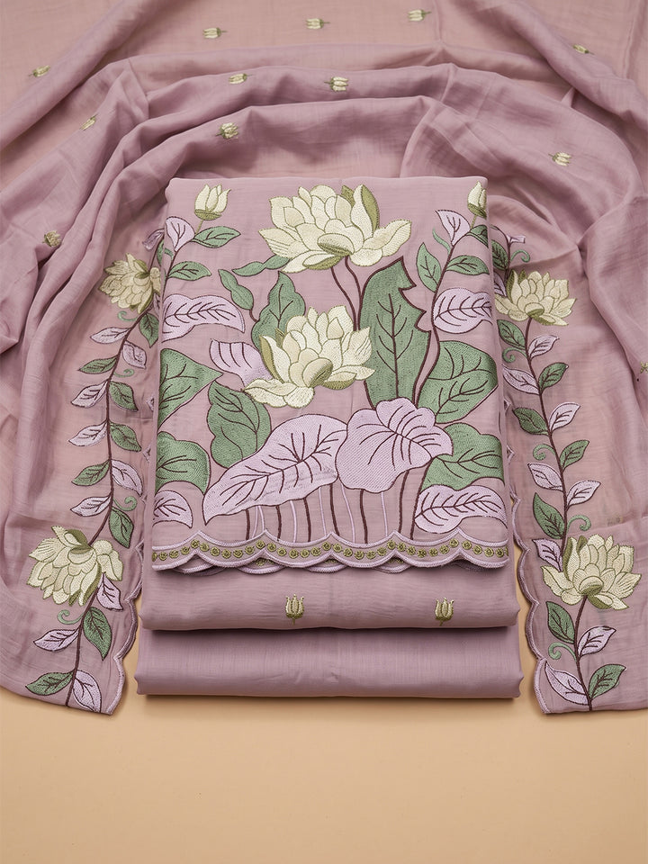 Lavender Chanderi Embroidered Unstitched Dress Material