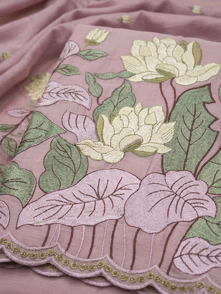 Lavender Chanderi Embroidered Unstitched Dress Material
