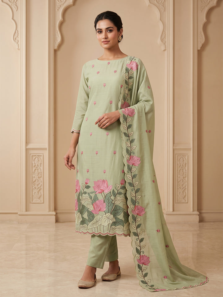 Pista-Green Chanderi Embroidered Unstitched Dress Material