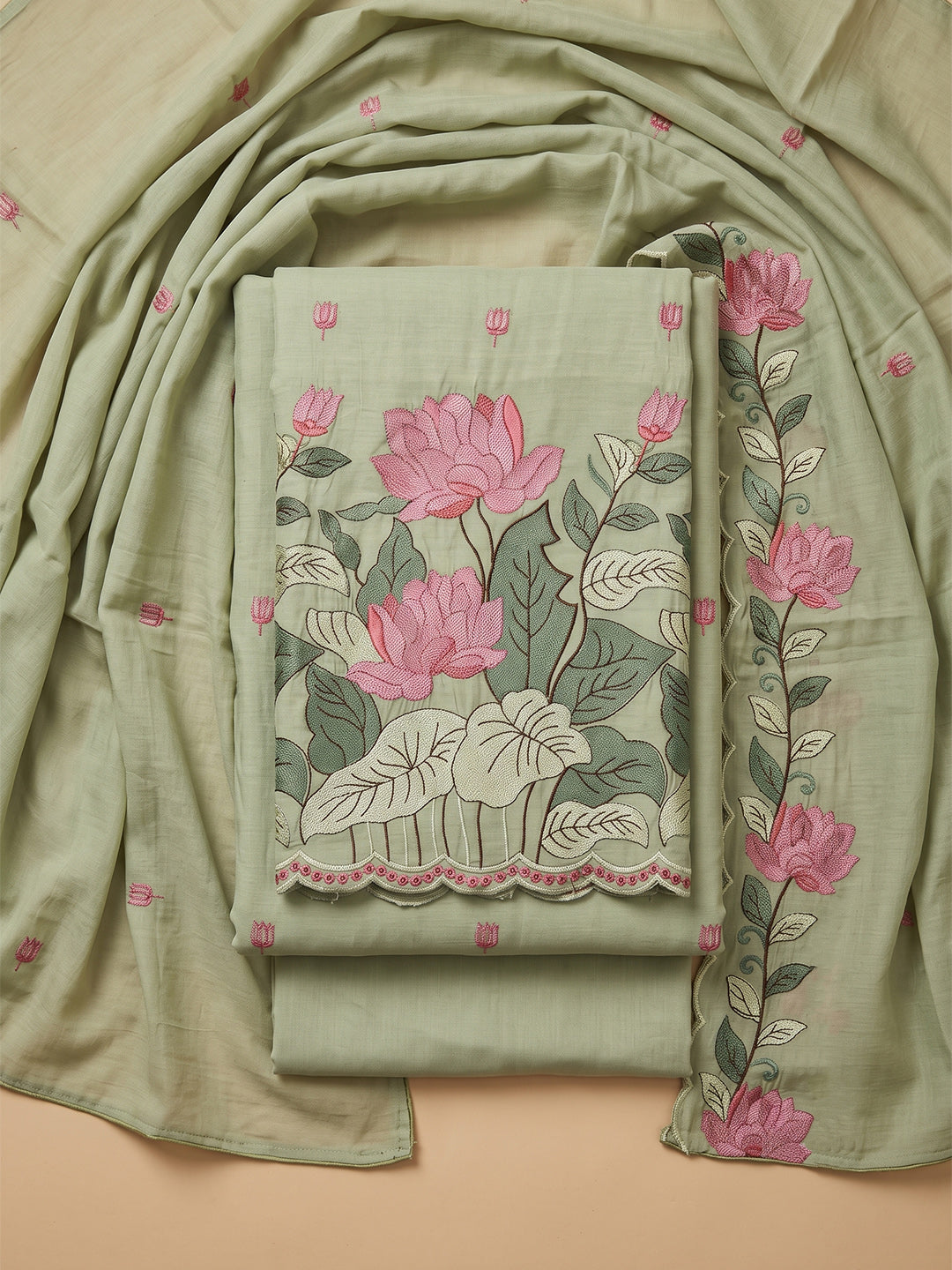 Pista-Green Chanderi Embroidered Unstitched Dress Material