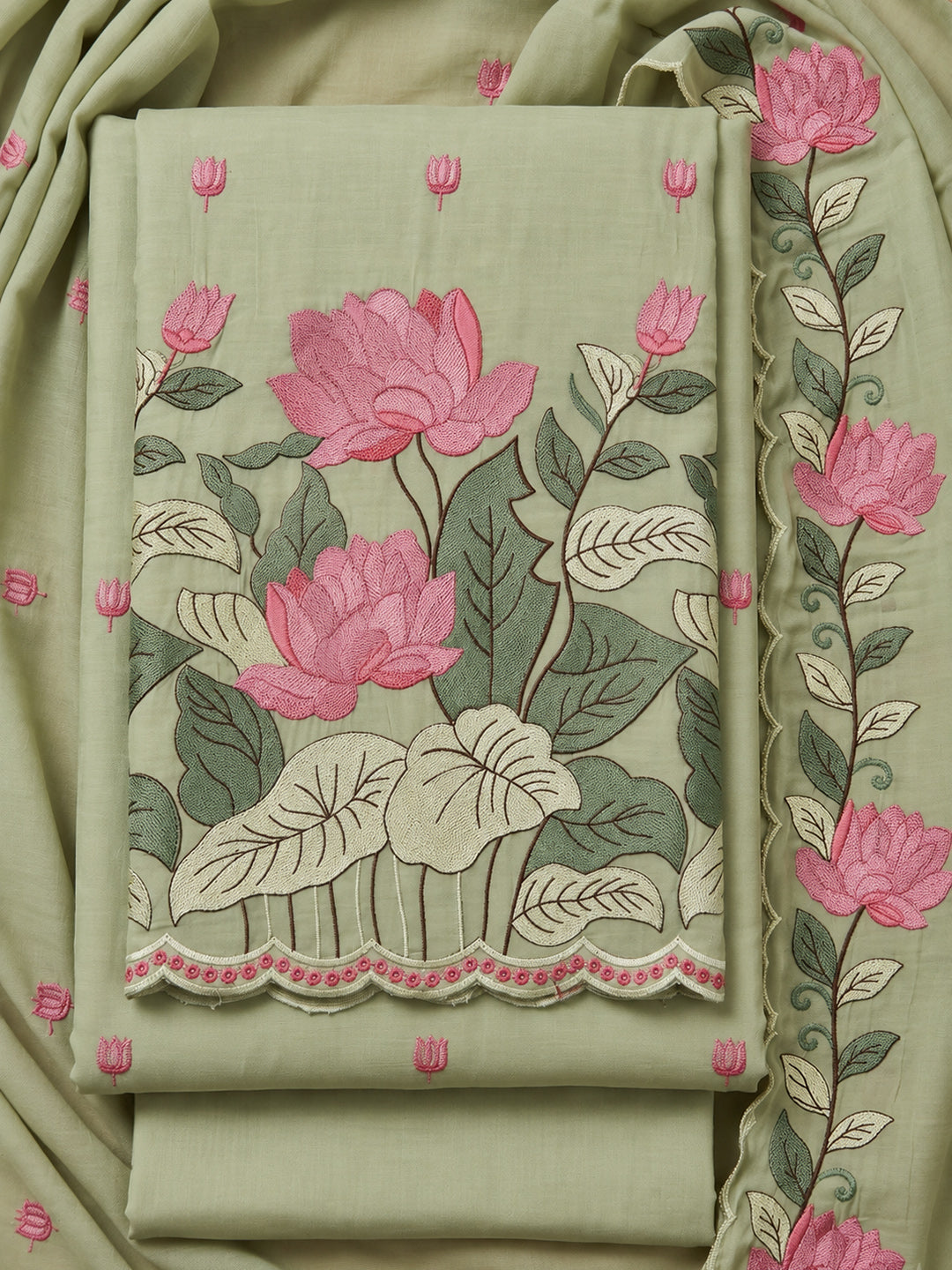 Pista-Green Chanderi Embroidered Unstitched Dress Material