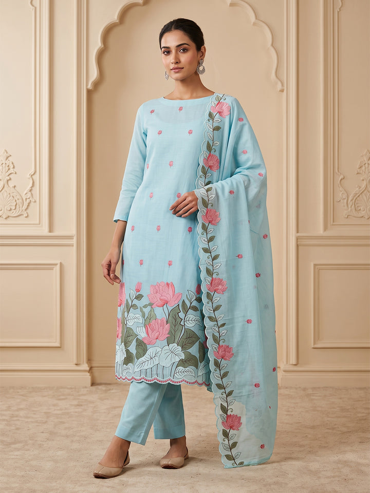 Sky-Blue Chanderi Embroidered Unstitched Dress Material