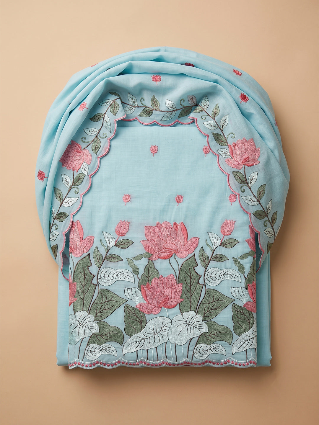 Sky-Blue Chanderi Embroidered Unstitched Dress Material