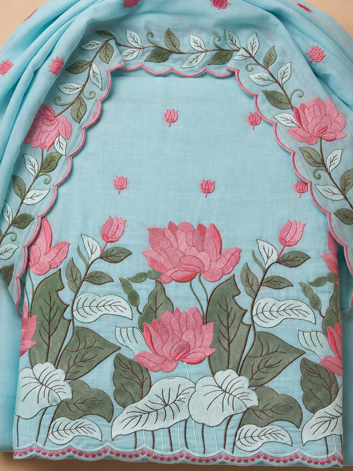 Sky-Blue Chanderi Embroidered Unstitched Dress Material