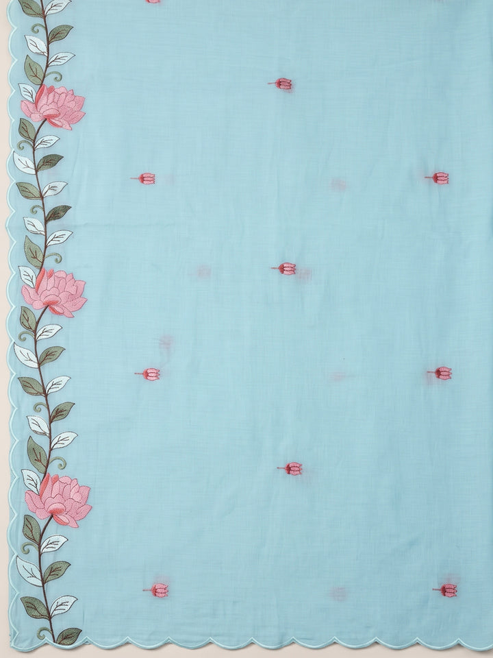 Sky-Blue Chanderi Embroidered Unstitched Dress Material