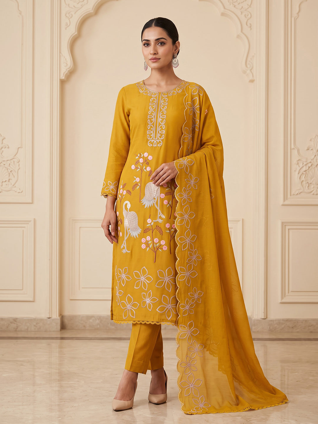 Mustard Cotton Blend Embroidered Unstitched Dress Material