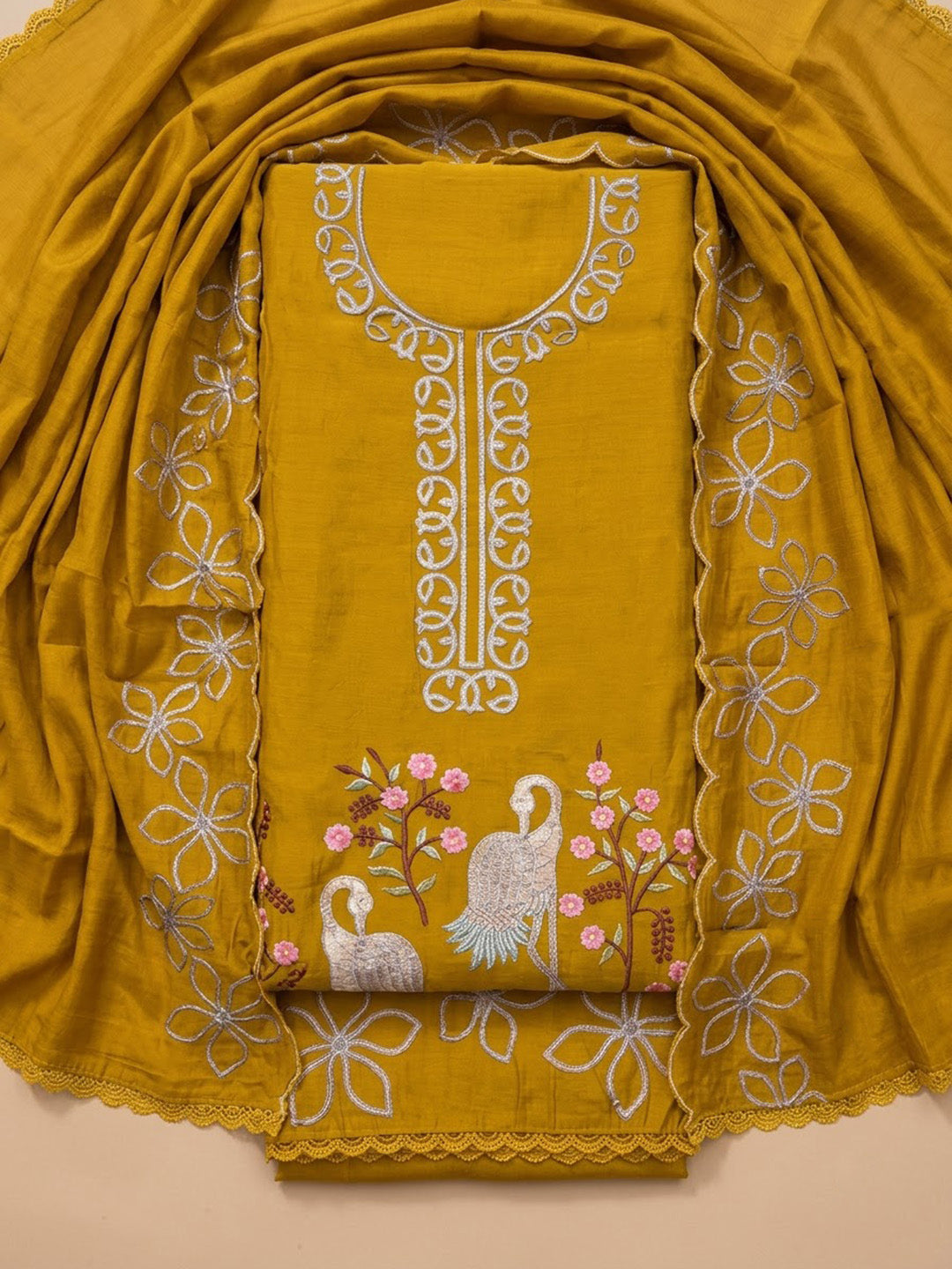 Mustard Cotton Blend Embroidered Unstitched Dress Material