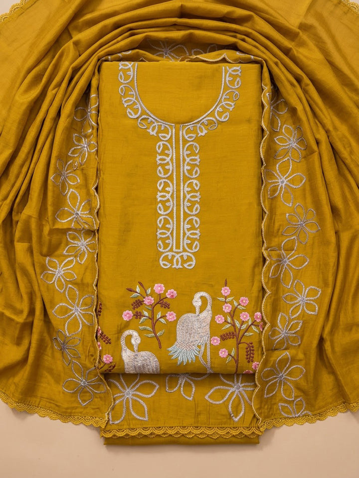 Mustard Cotton Blend Embroidered Unstitched Dress Material