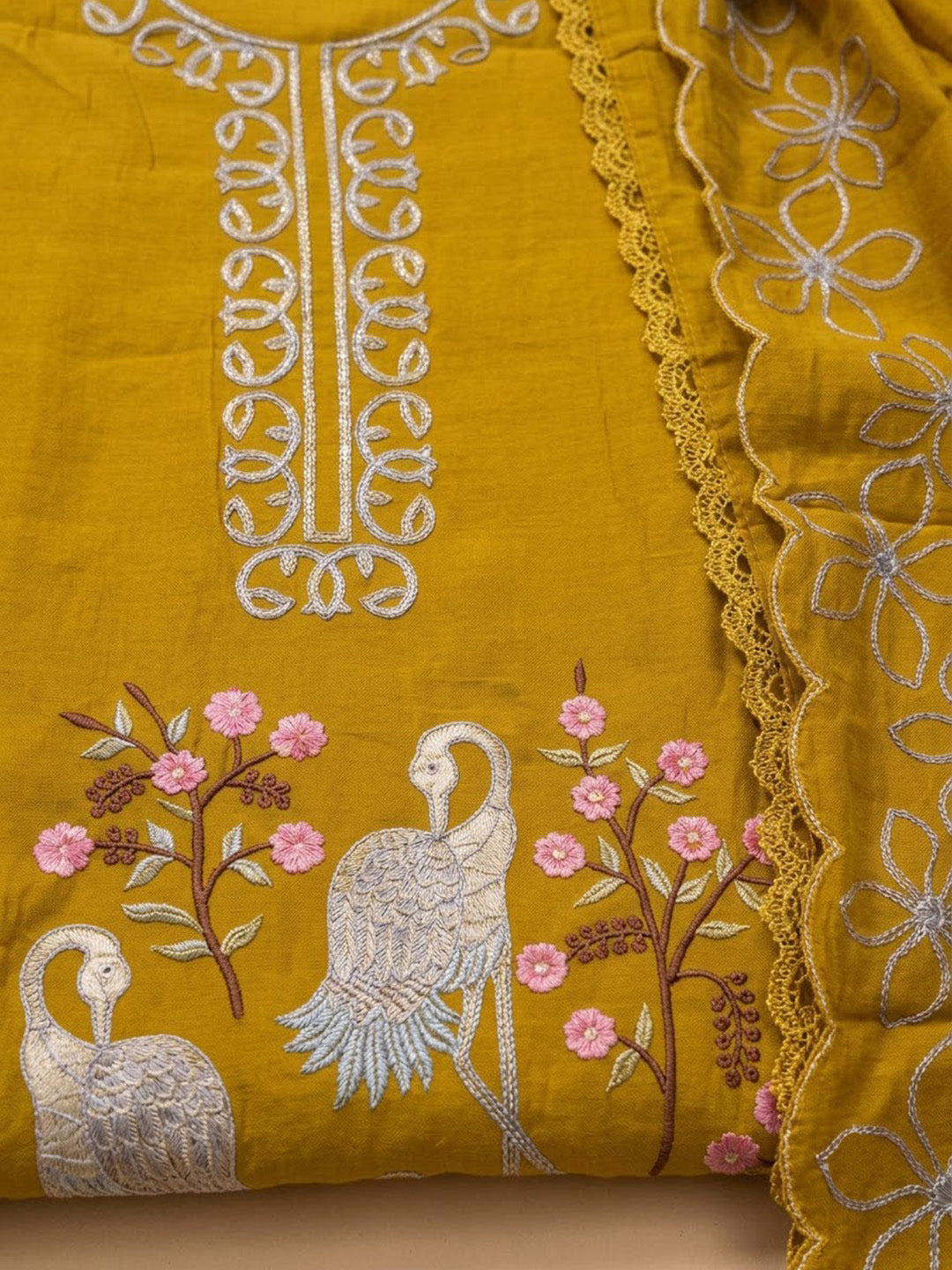Mustard Cotton Blend Embroidered Unstitched Dress Material