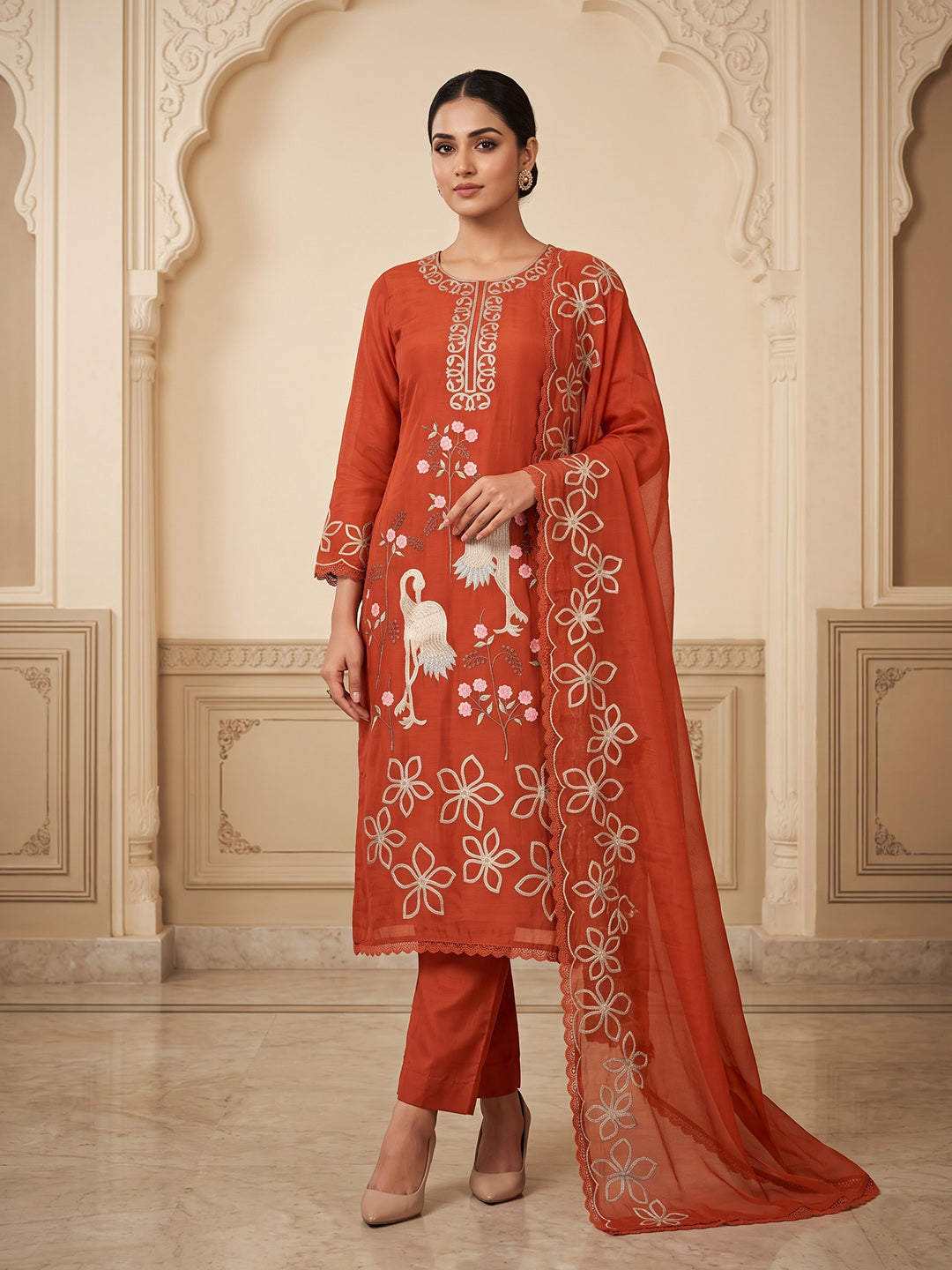 Rust Cotton Blend Embroidered Unstitched Dress Material
