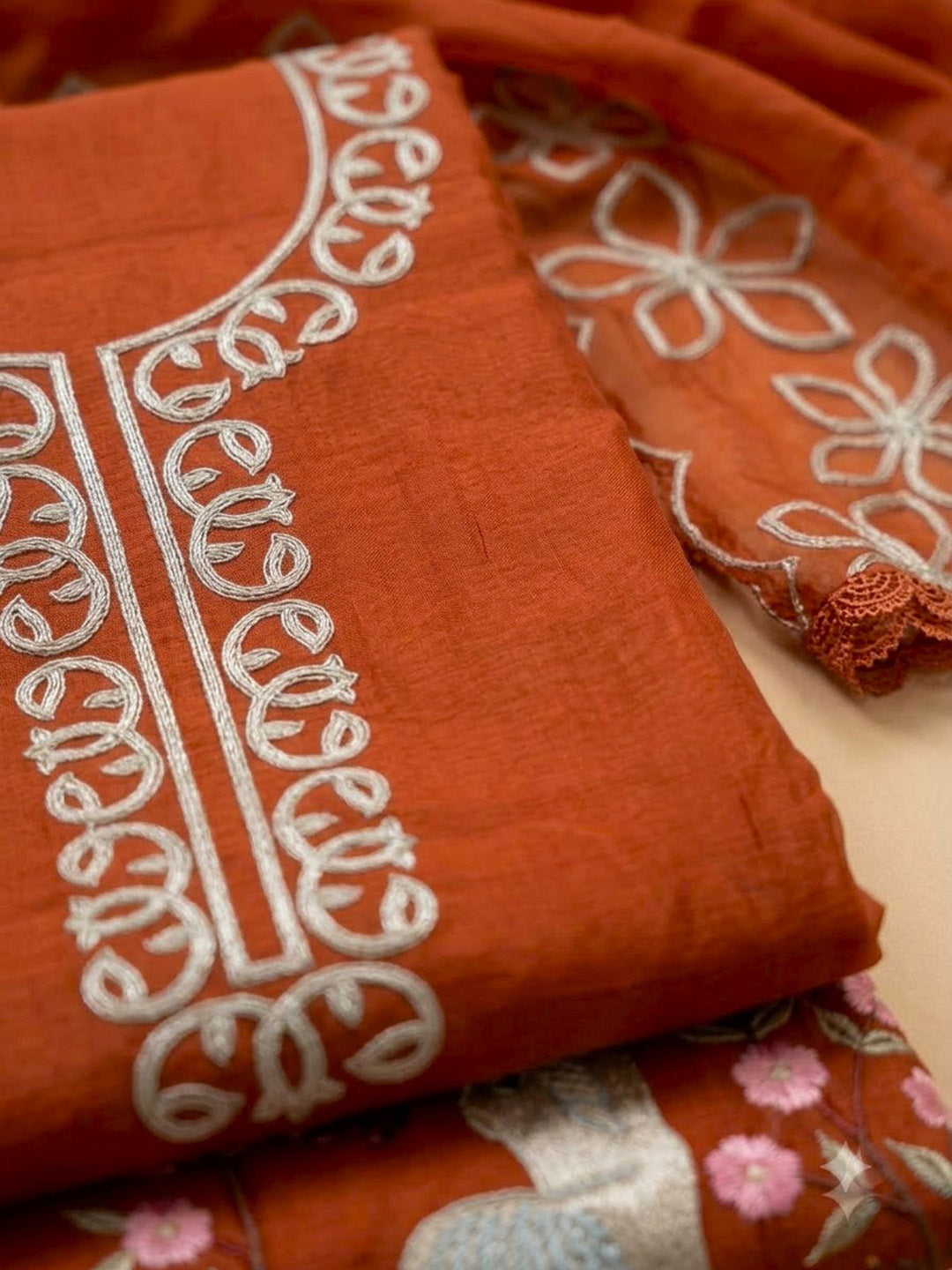 Rust Cotton Blend Embroidered Unstitched Dress Material