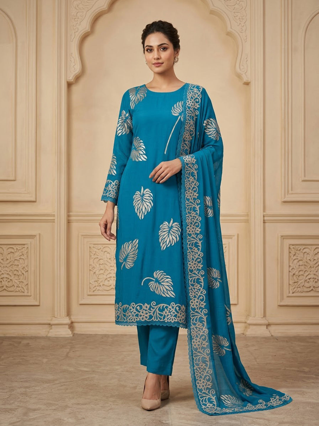 Blue Cotton Blend Printed Unstitched Dress Material