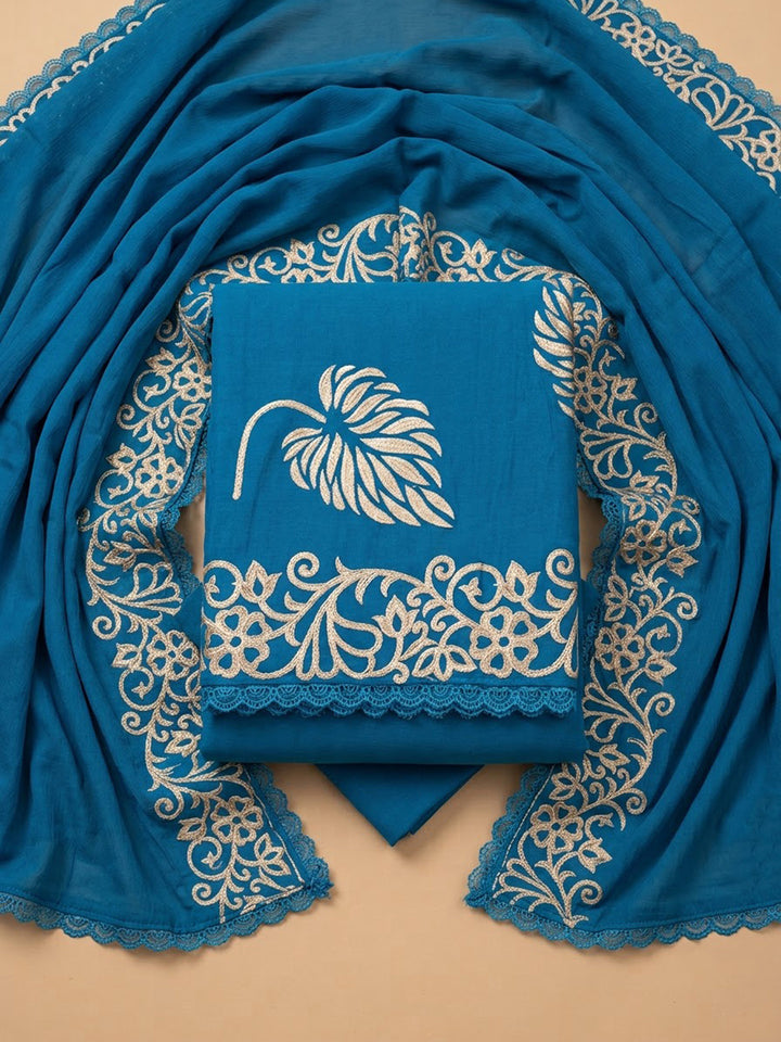 Blue Cotton Blend Printed Unstitched Dress Material