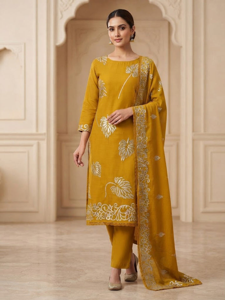 Mustard Cotton Blend Printed Unstitched Dress Material