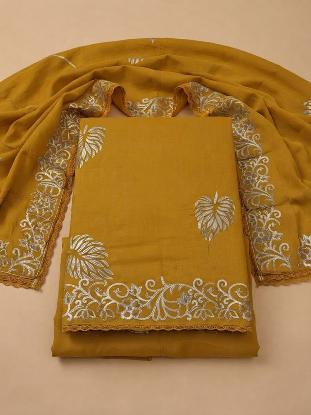 Mustard Cotton Blend Printed Unstitched Dress Material