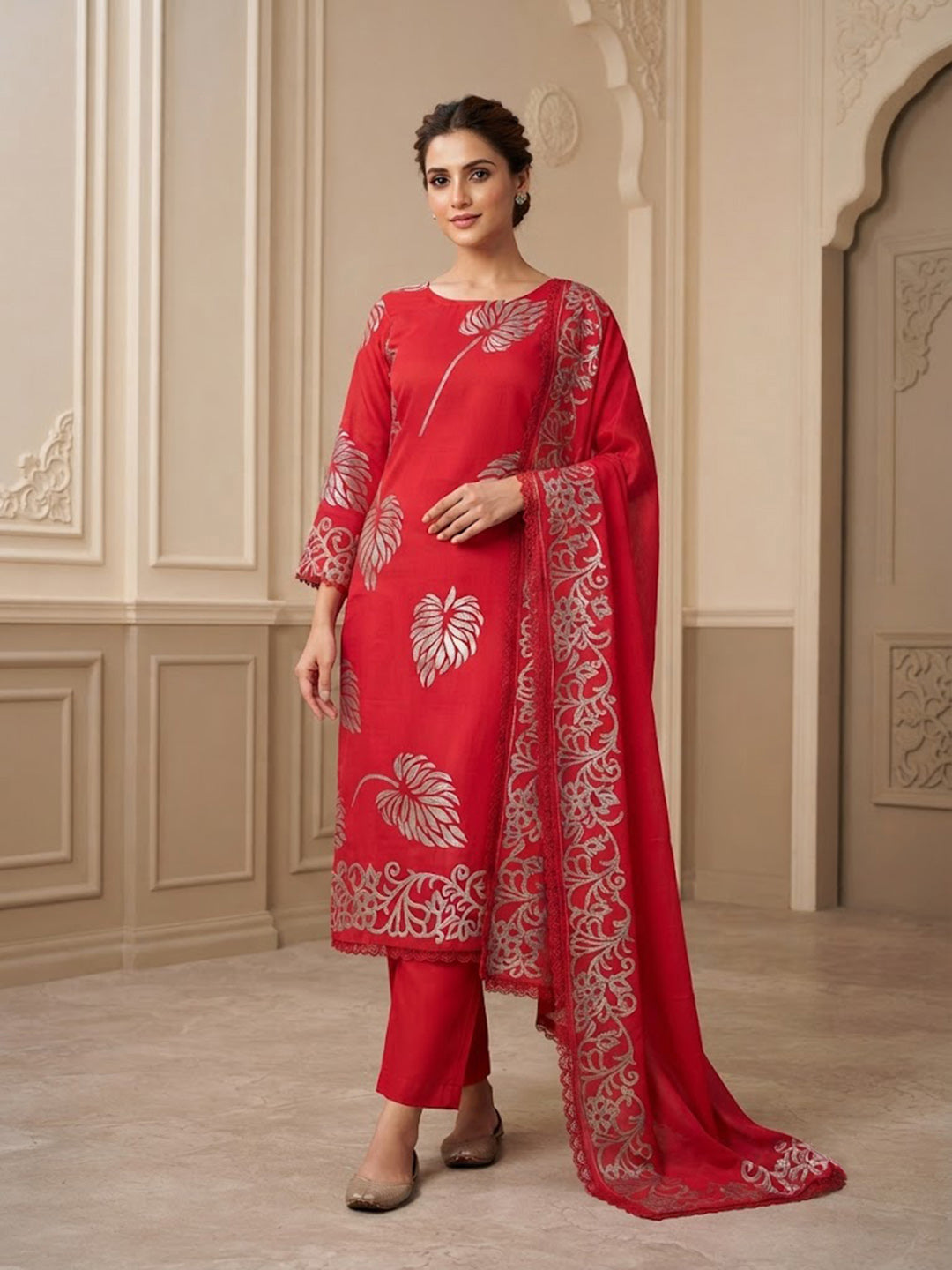 Red Cotton Blend Printed Unstitched Dress Material