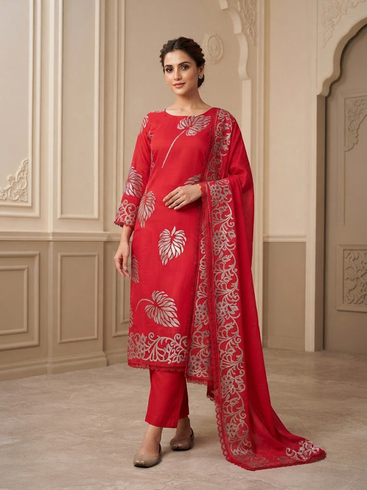 Red Cotton Blend Printed Unstitched Dress Material
