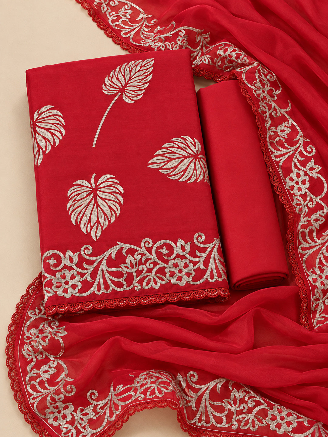 Red Cotton Blend Printed Unstitched Dress Material