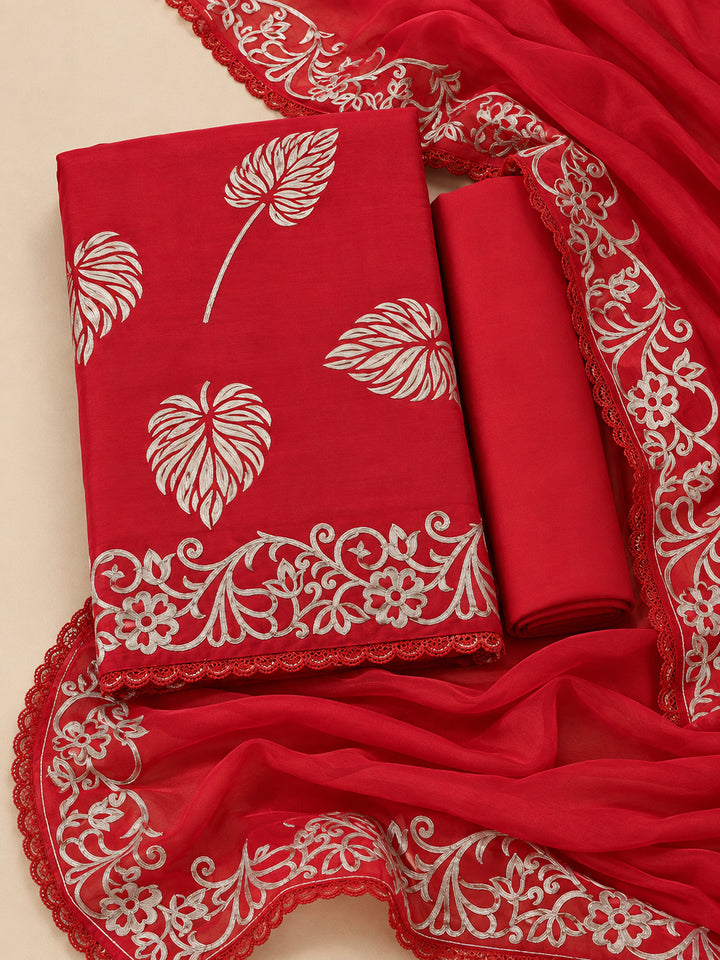 Red Cotton Blend Printed Unstitched Dress Material