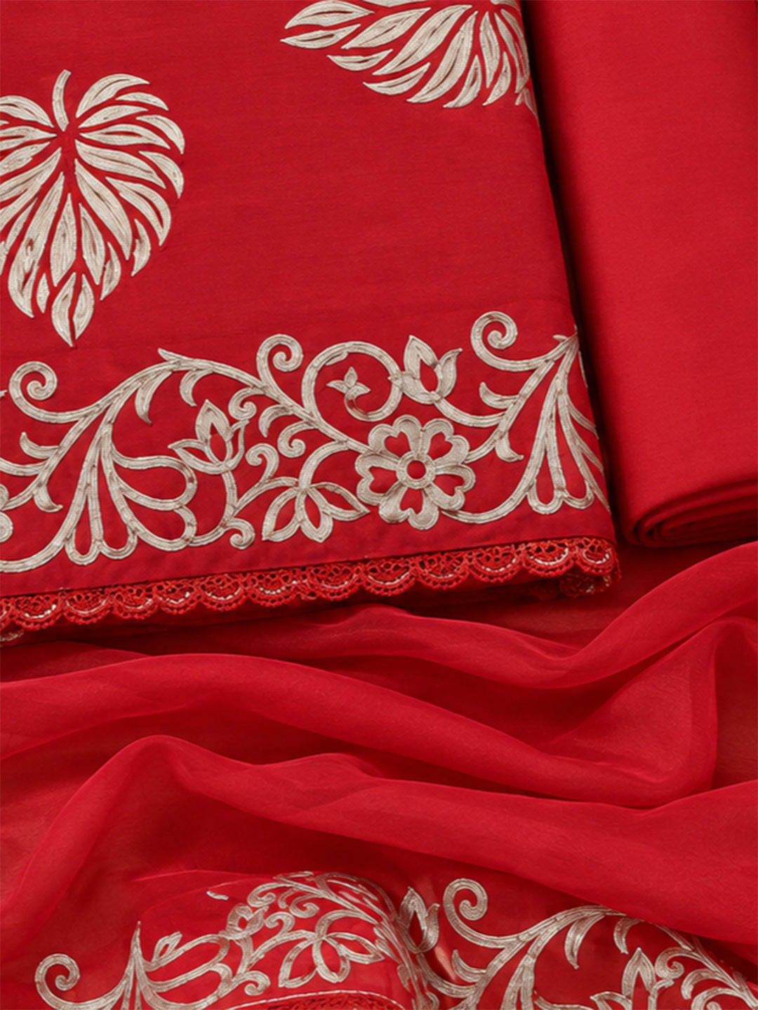Red Cotton Blend Printed Unstitched Dress Material