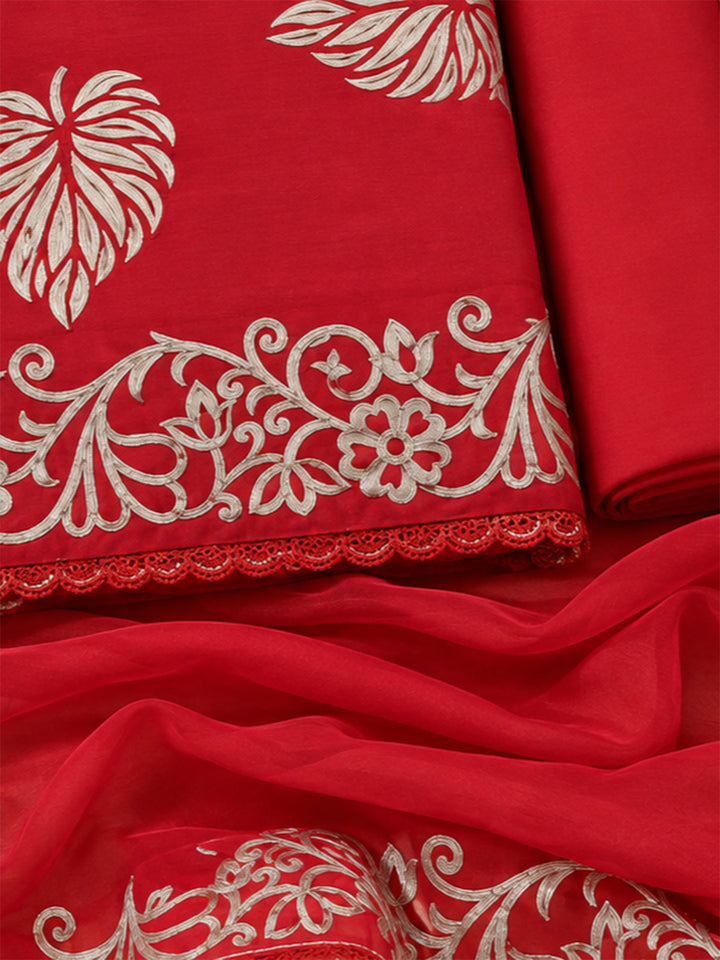 Red Cotton Blend Printed Unstitched Dress Material