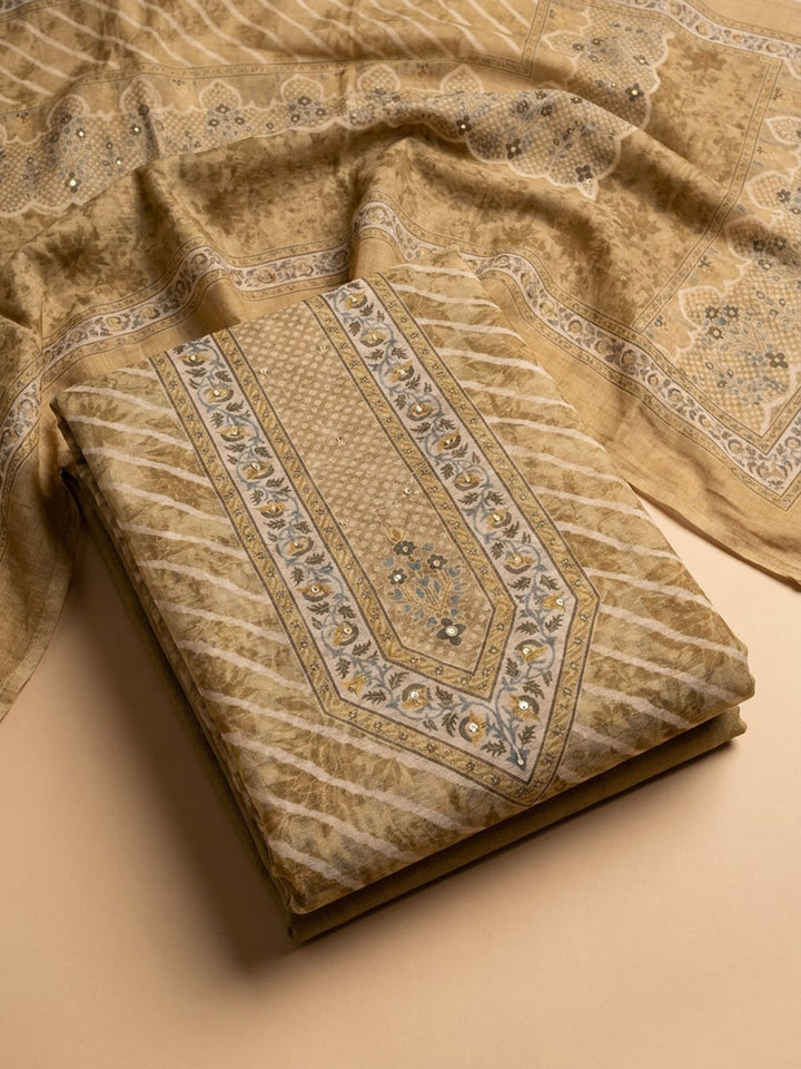 Beige Chanderi Printed Unstitched Dress Material