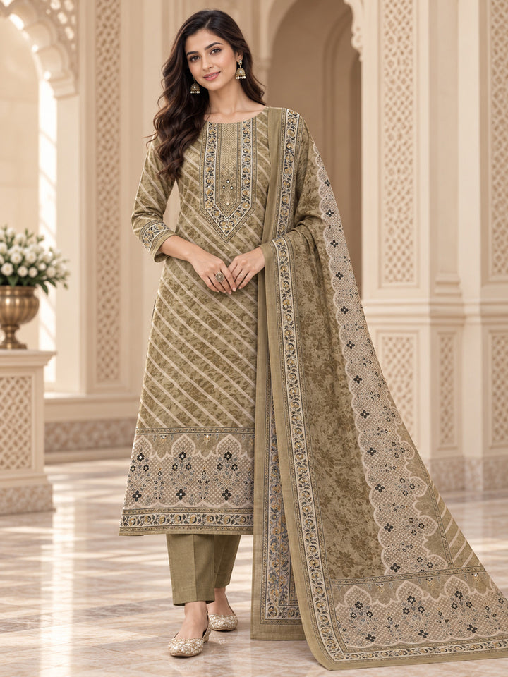 Beige Chanderi Printed Unstitched Dress Material