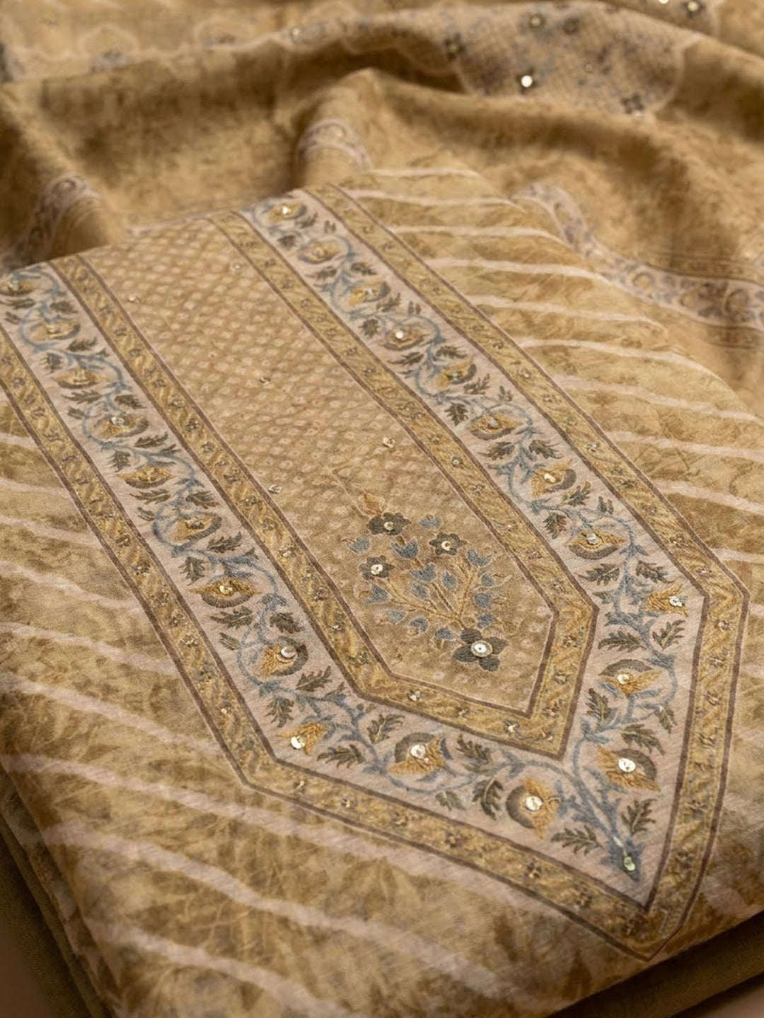 Beige Chanderi Printed Unstitched Dress Material
