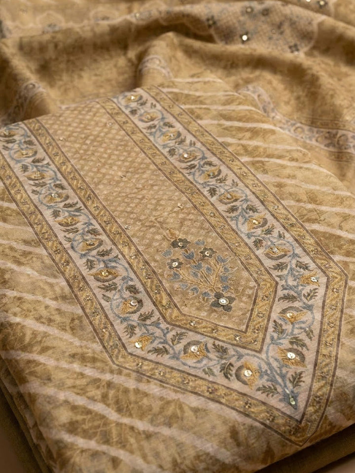 Beige Chanderi Printed Unstitched Dress Material