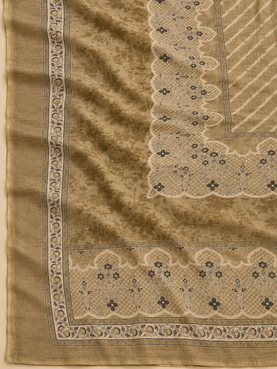 Beige Chanderi Printed Unstitched Dress Material