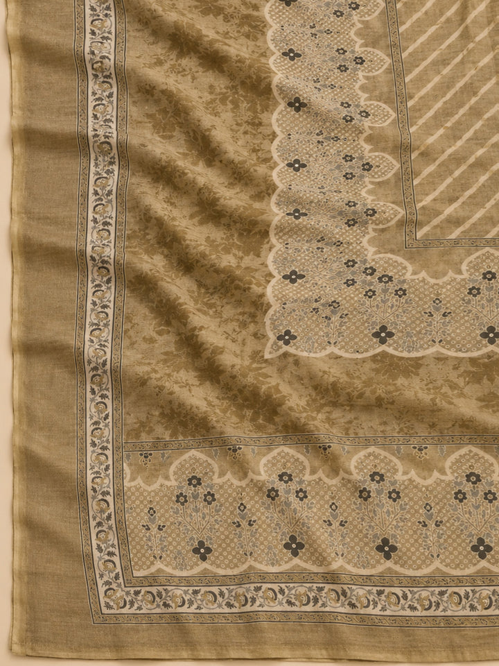 Beige Chanderi Printed Unstitched Dress Material