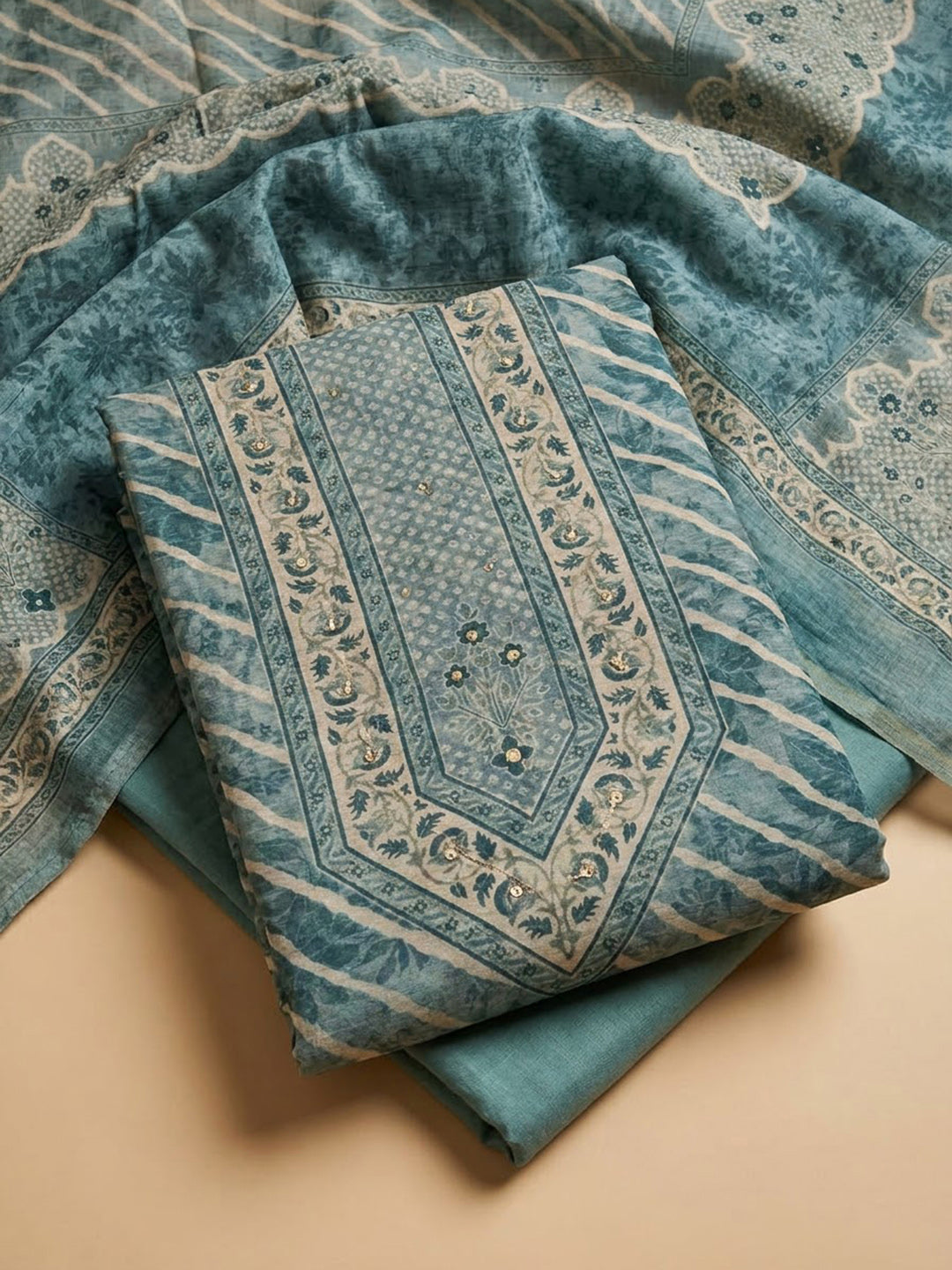 Grey Chanderi Printed Unstitched Dress Material