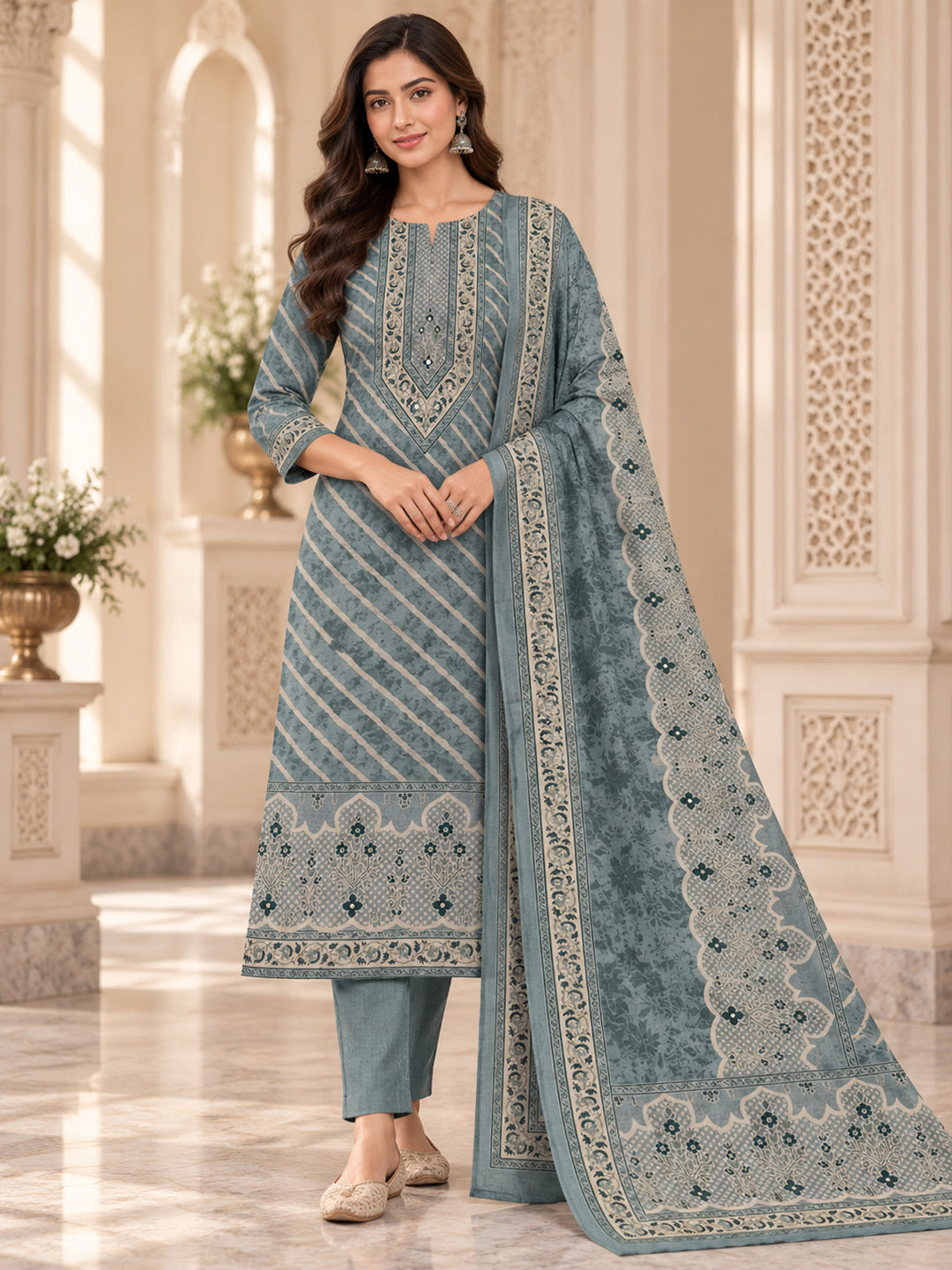 Grey Chanderi Printed Unstitched Dress Material